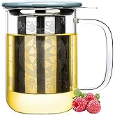 Aquach Tea Cup with Infuser and Lid, 18oz Borosilicate Glass Mug for Loose Leaf, Blooming Tea, Microwave & Dishwasher Safe - Ideal for Home Office Use, Gift for Tea Lovers