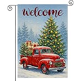 HOMETITUTE Welcome Christmas Tree Garden Flag Double Sided 12x18 Inch Burlap Red Truck Garden Flag Presents Snow Winter Scene Seasonal Flags Christmas Holiday Flags for Patio Lawn Decoration