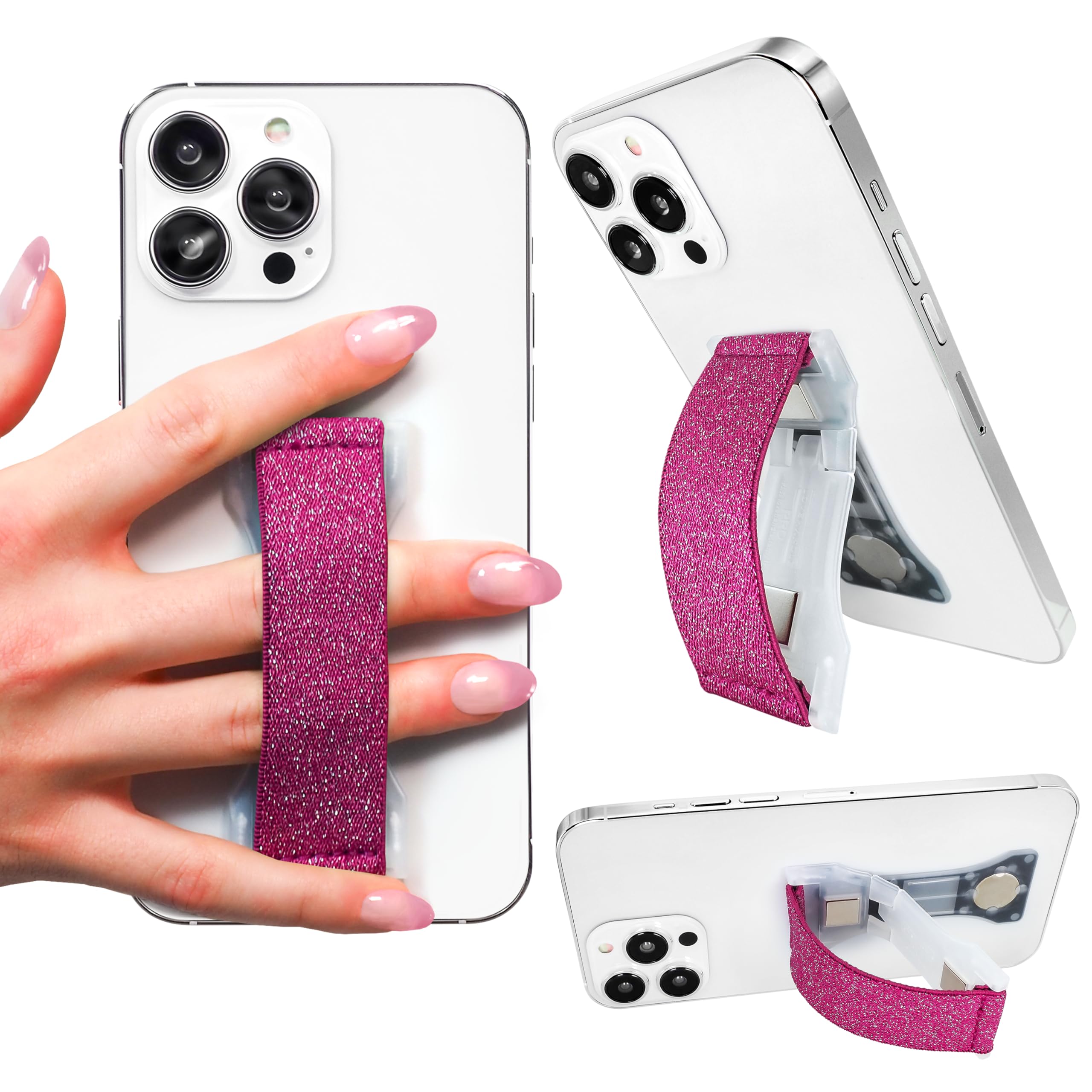 LOVEHANDLE PRO Premium Phone Grip - Elastic Phone Strap - Magnetic Phone Mount and Kickstand for Smartphone and Tablet - Cranberry Glitter