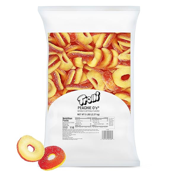 TROLLI PEACHIE O’S SOUR GUMMY RINGS CANDY, 5 POUND BULK BAG