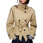 Maohao Women's Cropped Trench Coat Double Breasted Short Jacket High Collar Fall Winter Coats Trendy Outfit with Belt