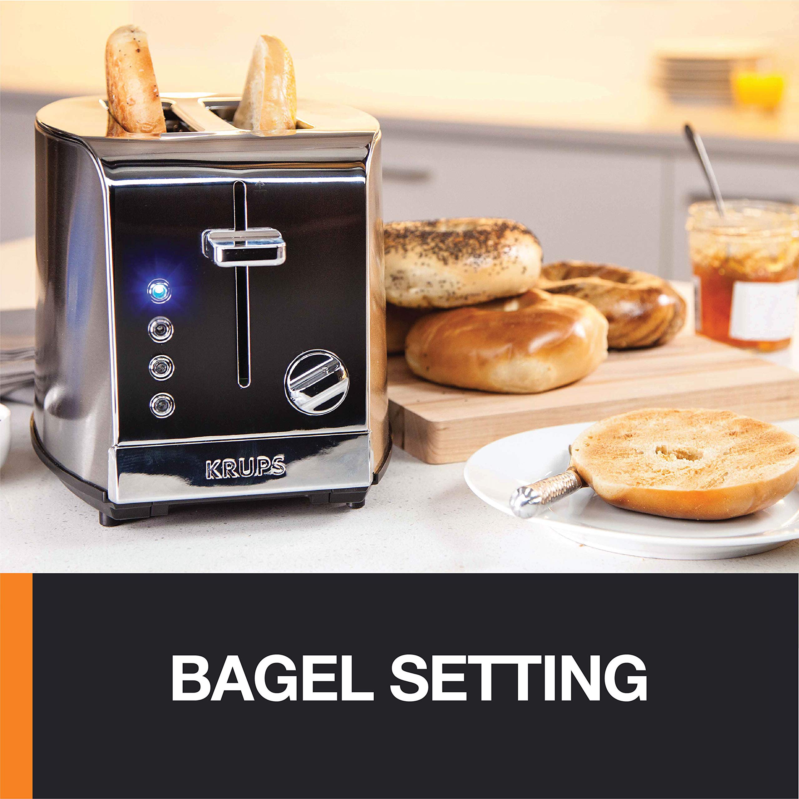 KRUPS: 2 Slice Toaster, Stainless Steel Toaster, 5 Functions with Cancel, Toasting, Defrost, Reheat and Bagel, Cord Storage, Silver
