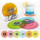 Funny Retro Vinyl Record Coasters, Creative Drink Coasters Set of 6 with Vinyl Record Player Holder for Music Lovers, Housewarming Hostess Gifts (6, V4)