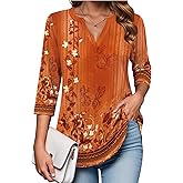 Zeagoo Womens 3/4 Length Sleeve Tops V Neck Tunic Casual Dressy Blouse Floral Printed Shirts