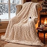 SnugLife Heated Blanket Electric Throw with 6 Fast Heating Levels,4 Hours Auto-Off,Ultra Coza & Warm 50x60 Faux Rabbit Fur Electric Blanket with Overheating Protection,ETL Certification(Cream)