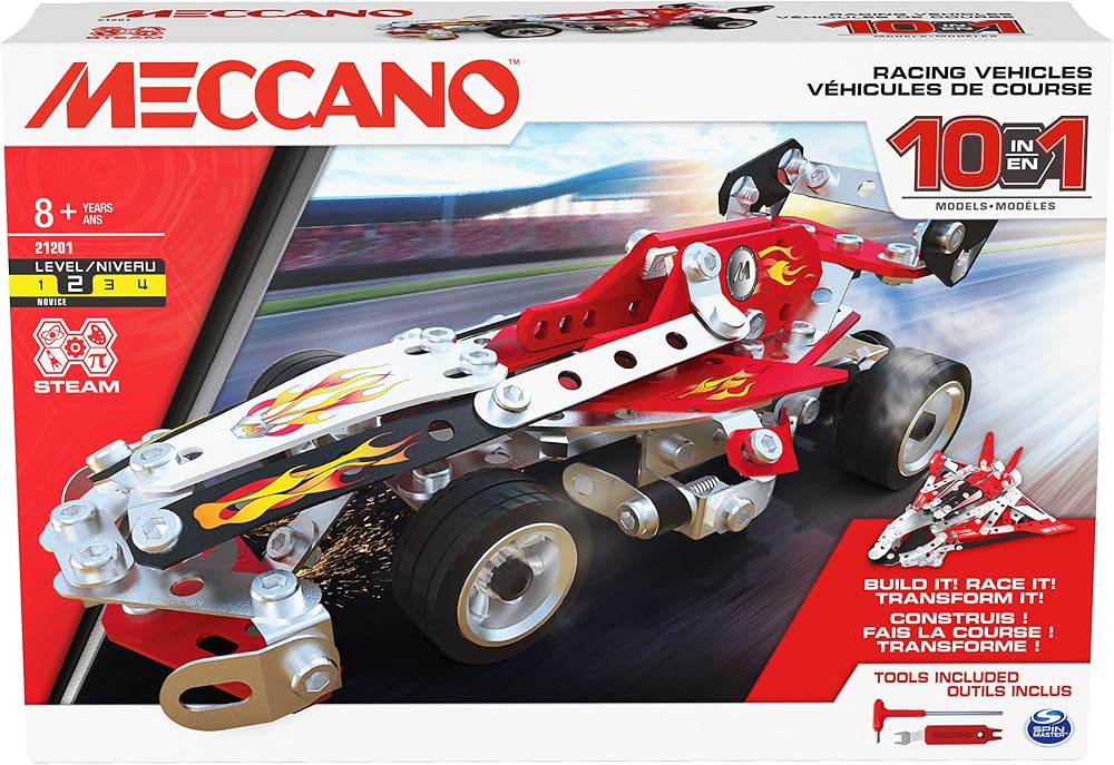 Meccano 10-in-1 Racing Vehicles STEM Kit with 225 Parts Tools 8+
