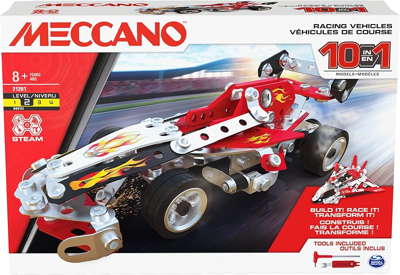 Meccano 10-in-1 Racing Vehicles STEM Kit with 225 Parts Tools 8+