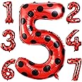 Lunmon 40 Inch Ladybug Large Number 5 Balloon Birthday Decorations Supplies Black Red Polka Dots Ladybird Dots Theme Number Balloons for 5th Birthday Party Baby Shower