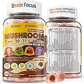 Neviss Kids 10+ Focus Brain Gummies w/Lion's Mane, B6, Methyl B12, Mushroom Filled Gummy for Teen & Adults Memory & Energy, Phosphatidylserine, L-Tyrosine, Choline, Beetroot, Ginkgo Biloba, Sugar Free