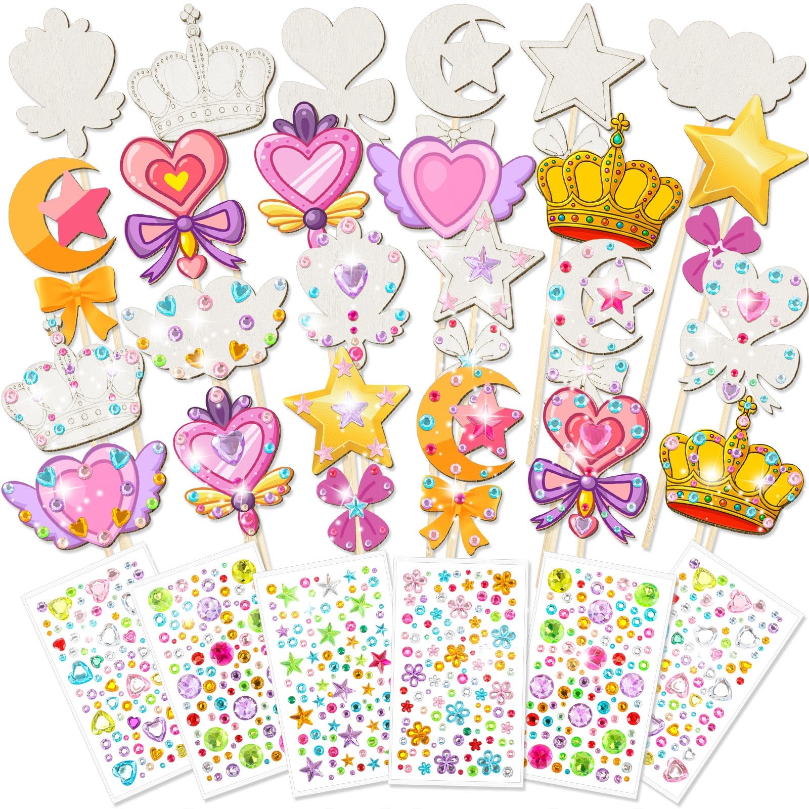 Photo 1 of Juexica 24 Pcs Fairy Wands Kit Including 24 Unfinished Wood Princess Wands and 6 Sheets Gem Stickers for Witch and Princess Birthday Party Favors Decorations DIY Craft Gift, 6 Styles