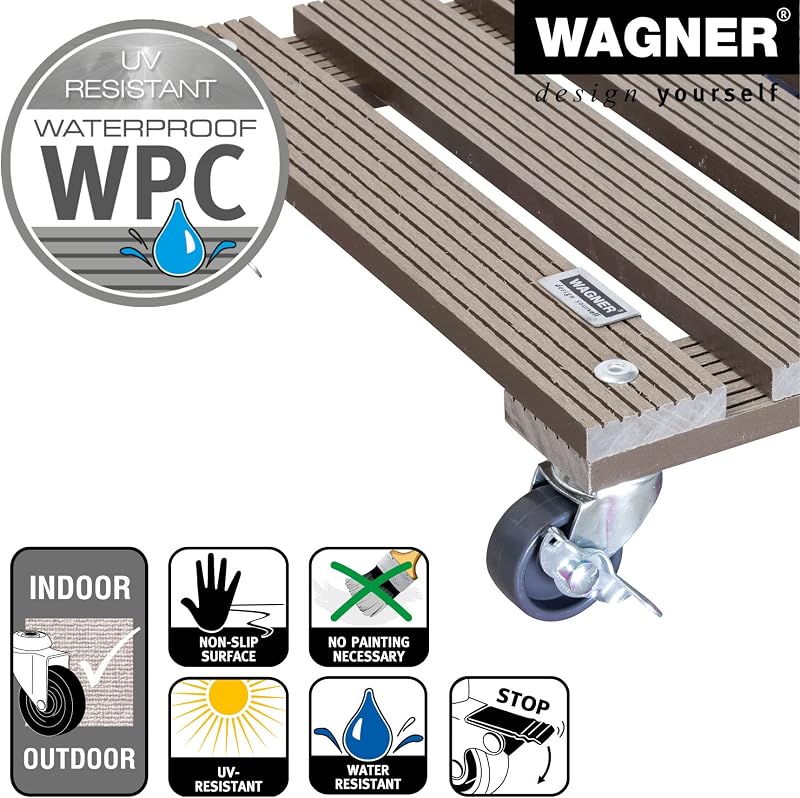 Soporte con Ruedas para Plantas WPC 29 x 29 x 7,5 cm I Carrito para Flores para Uso Exterior + Interior I Wood Plastic Composite FSC®, Topo I 2 Frenos I Carga máxima 80 kg - 20053101