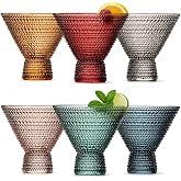 Khen Stemless Martini Colored Vintage Art Deco Glasses - Martini, Cocktail &amp; Champagne Glasses | Set of 6 | Pastel Muted Crystal Cocktail Glassware, Goblet Cocktails, Bar Gift - Hobnail Design