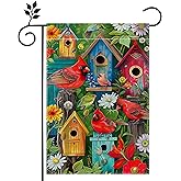 Spring Summer Red Bird Colorful Flowers Garden Flag for Outside, Cardinal Birdhouse Yard Flag 12x18 Inch Double Sided Burlap Outdoor Flag Decorations for Home