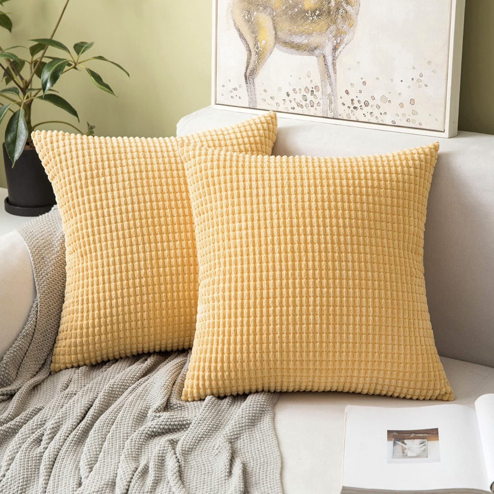 MIULEE Set of 2 Decorative Corduroy Cushion Covers 16x16 Inches, 40cm x 40cm Striped Solid Square Throw Pillow Cases for Sofa Couch Home Bedroom Golden