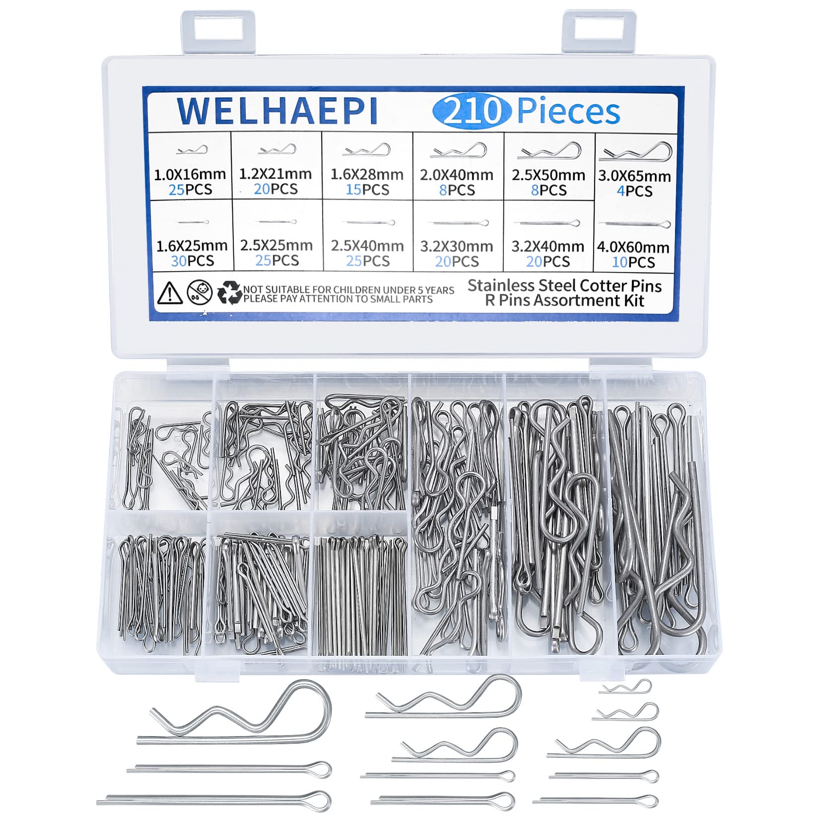 210 Pcs Cotter Pins and R Clips Assortment Kit, 304 Stainless Steel Split Pins, Retaining Spring Hitch Cotter Fastening Pins Clips Set, for Farm Trucks, Cars, Campers, Lawn and Garden Equipment