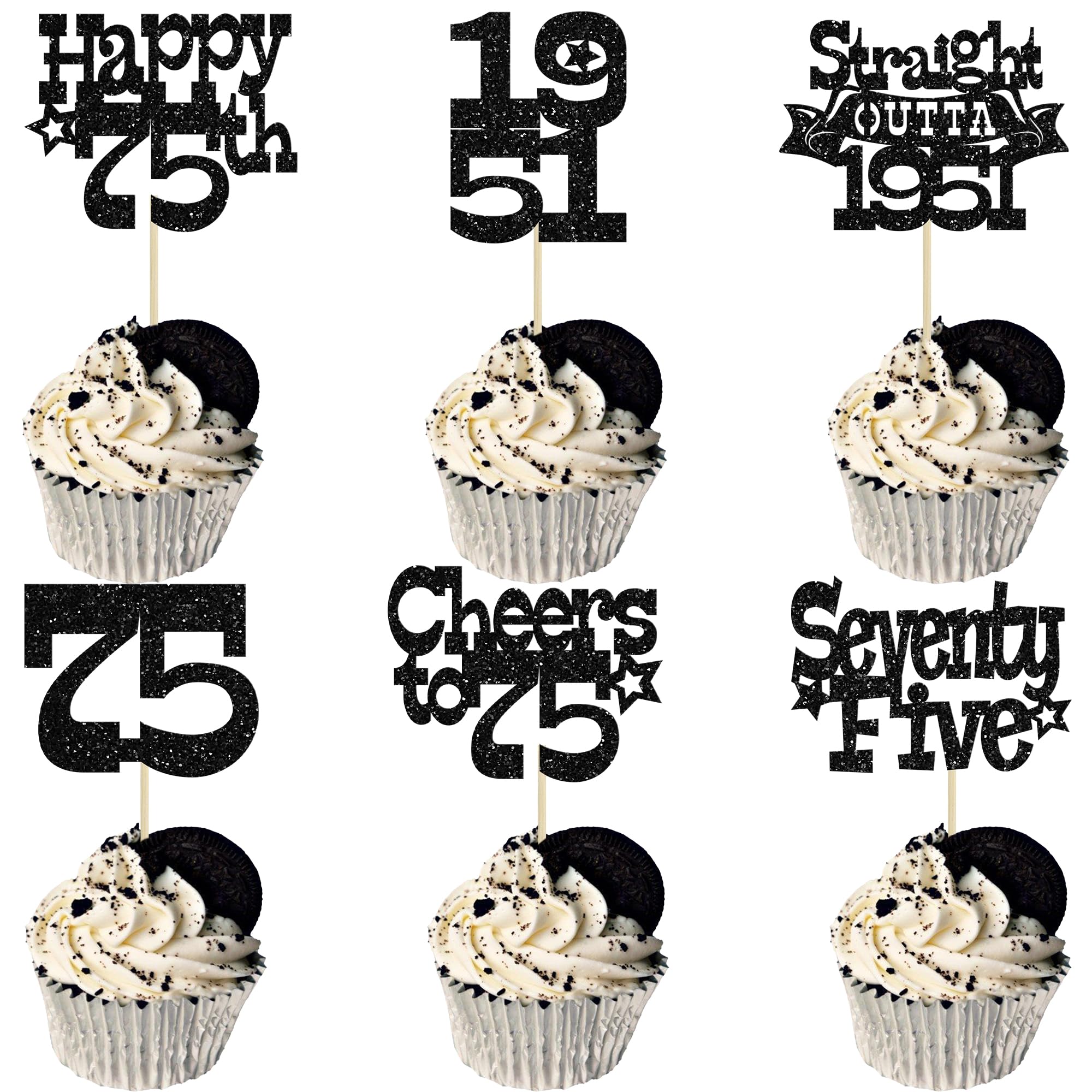Ephlyn 30Pcs Straight Outta 1951 Cupcake Toppers Glitter Seventy Happy 75th Birthday Cupcake Picks Cheers to 75 Years Cake Decorations for Happy 75th Birthday Anniversary Party Supplies Black
