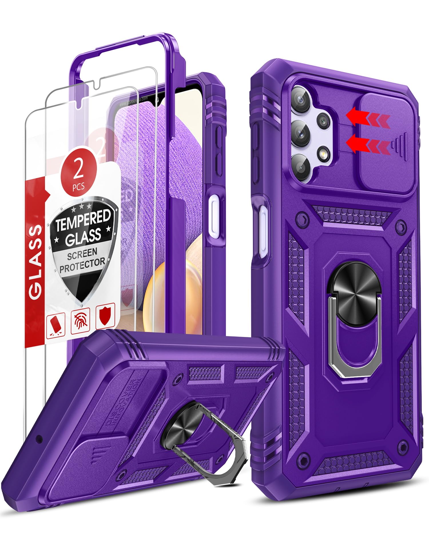 LeYi for Galaxy A32-5G Phone Case: [Not Fit 4G] Galaxy A32 5G Screen Protector X 2 with Camera Cover & Ring Stand, Military-Grade Heavy Duty Android Basic Funda para Samsung Galaxy A 32 5G, Purple