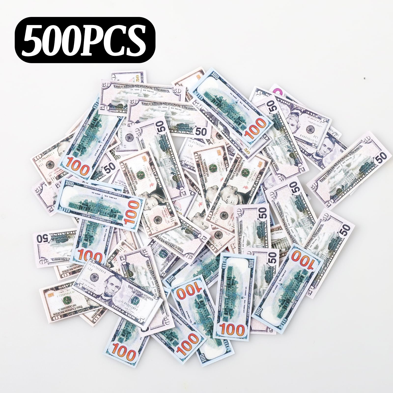 500 Pcs Miniature Scene Dollars 1:12 Mini Dollar Fake Bills 5 10 20 50 100 Dollar Bills Prop Money Realistic Mini Simulation Dollar Toy Banknote for Dollhouse Scene Model Craft Decoration Accessories