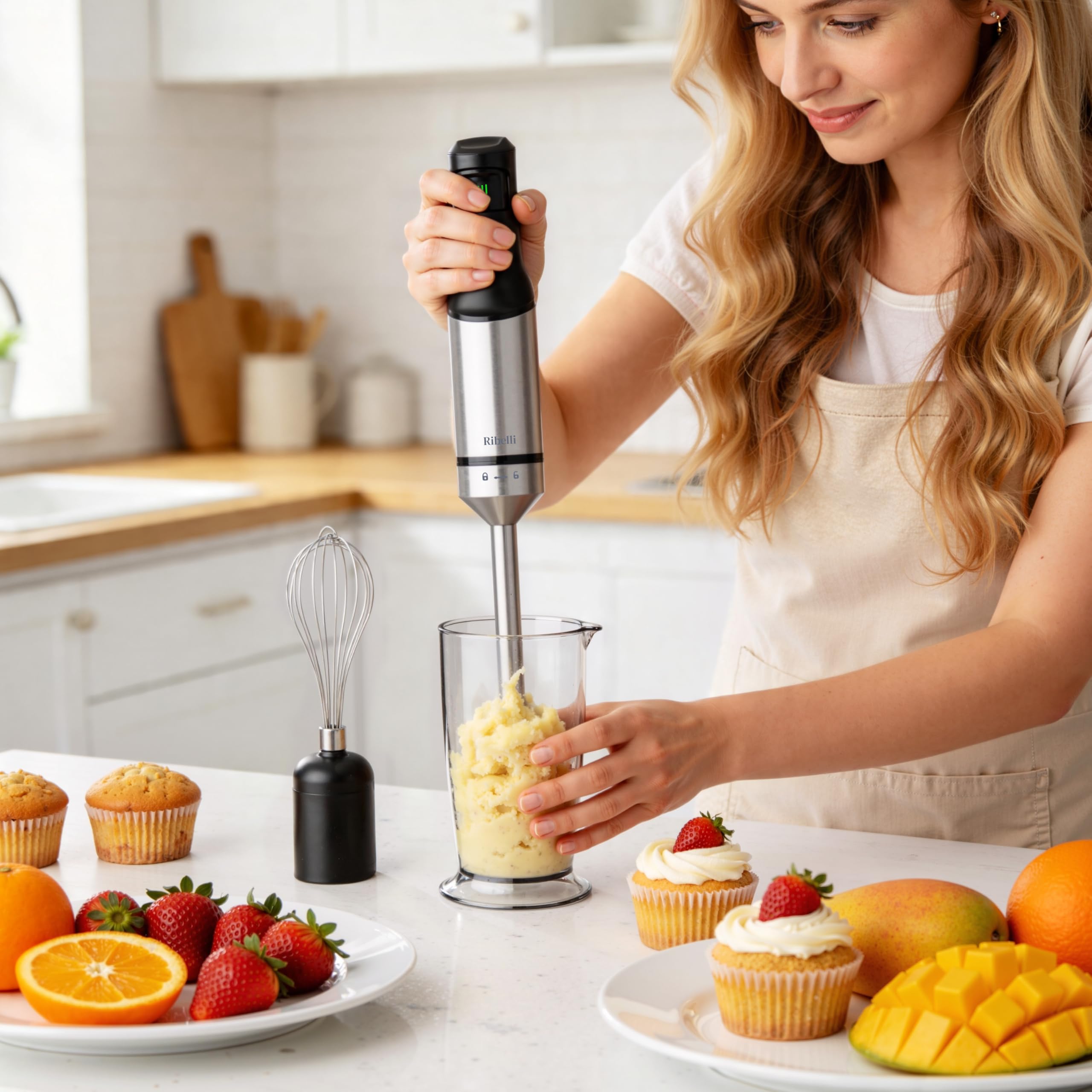 Ribelli Stabmixer Set 5-in-1 leistungsstark mit 1200W – Edelstahl Pürierstab stufenlos, Hand Blender & Mixer Küche inkl. Zerkleinerer, Schneebesen, Messbecher 700ml & Halterung für Suppe & Smoothie 2