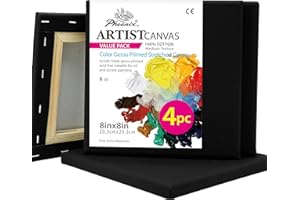 PHOENIX Square Black Stretched Canvas, 8x8 Inch/4 Pack - 3/4 Inch Profile, 8 Oz Gesso Primed 100% Cotton Blank Black Canvases for Acrylic, Oil Painting & Crafts