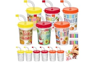 Cinrobiye 12 Set Thanksgiving Coloring Cups with Lids & Straws Bulk 8oz Give Thanks Party Cups Color Your Own Harvest Plastic Cups for Turkey Day Carnival Party School Home Prizes Arts Favor Supplies