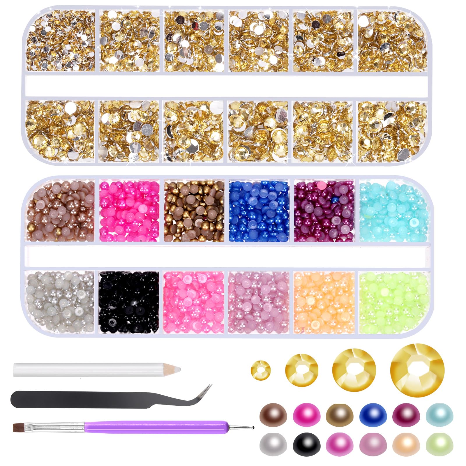 Glarks 4403pcs Rhinestone Gems and Flat Back Pearl Set, 2MM 3MM 4MM 5MM Yellow Flat Back Gems Crystal Rhinestones, 3MM Flatback Pearl Half Pearl Half Round Flat Back Pearl with 3pcs Tools