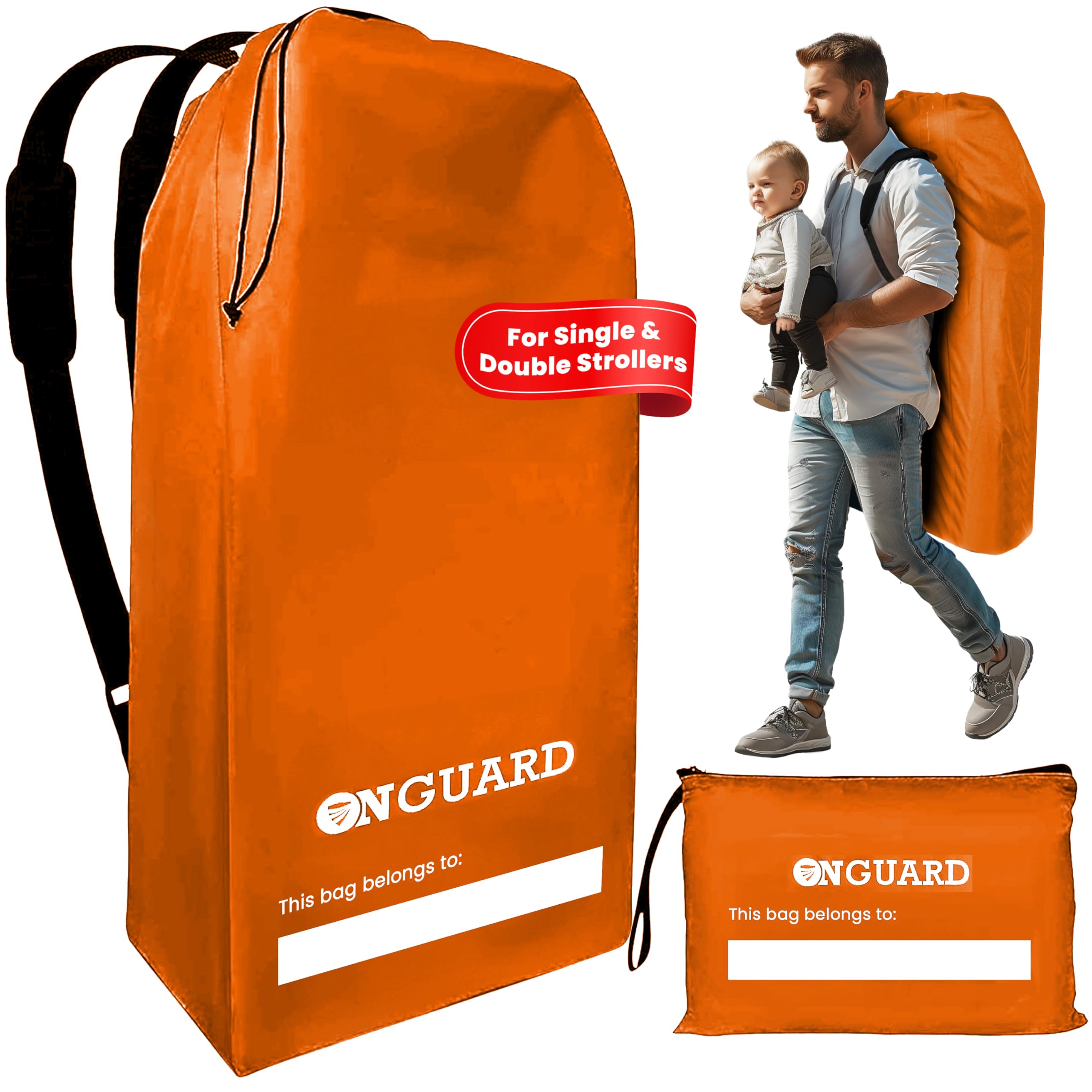 ONGUARD Waterproof Single and Double Stroller Bag for Airplane - Travel Stroller Cover for Air Travel and Storage - Gate Check Bag Backpack- Baby Airplane Essentials - Orange
