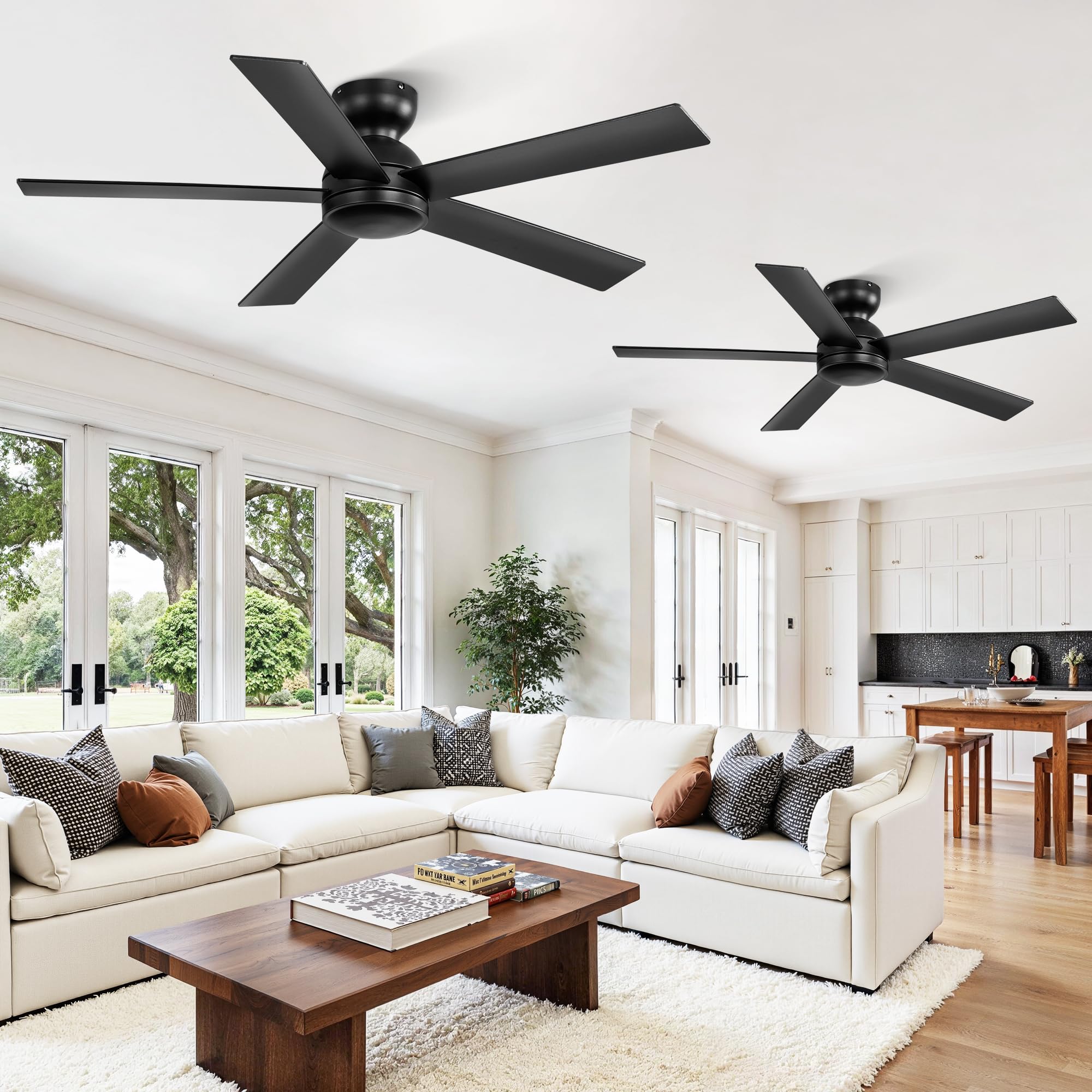 Photo 1 of 2 Pack 48 Inch Low Profile Ceiling Fan no Light, Black Ceiling Fan without lights, 6-Speeds, Quiet Reversible DC Motor, Indoor/Outdoor Ceiling Fans without Lights for Patio, Living Room, Bedroom