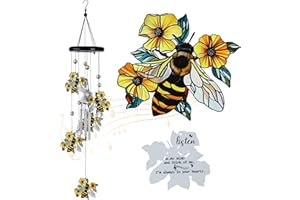YU FENG 27" Bee and Flower Wind Chime with Crystals – Memorial Outdoor Garden Hanging Decor, Meaningful Keepsake