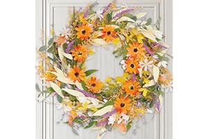 CARACALEAP Spring Wreath for Front Door 22 inch, Artificial Spring Summer Door Wreaths with Hook Lavender Wild Flower Wreath Orange Daisy Eucalyptus Leaves All Year Wreath Farmhouse Indoors Outside Home Décor