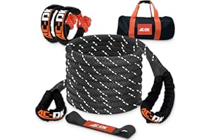 AC-DK Kinetic Recovery Rope (1in x 30ft ‎Black) 48000lbs Snatch Strap,Heavy Duty Stretch Nylon Towing Ropes with 2pcs Soft Shackles for Offroad Vehicle,Jeep,SUV,ATV,UTV,Tractor Elastic Ropes Kit