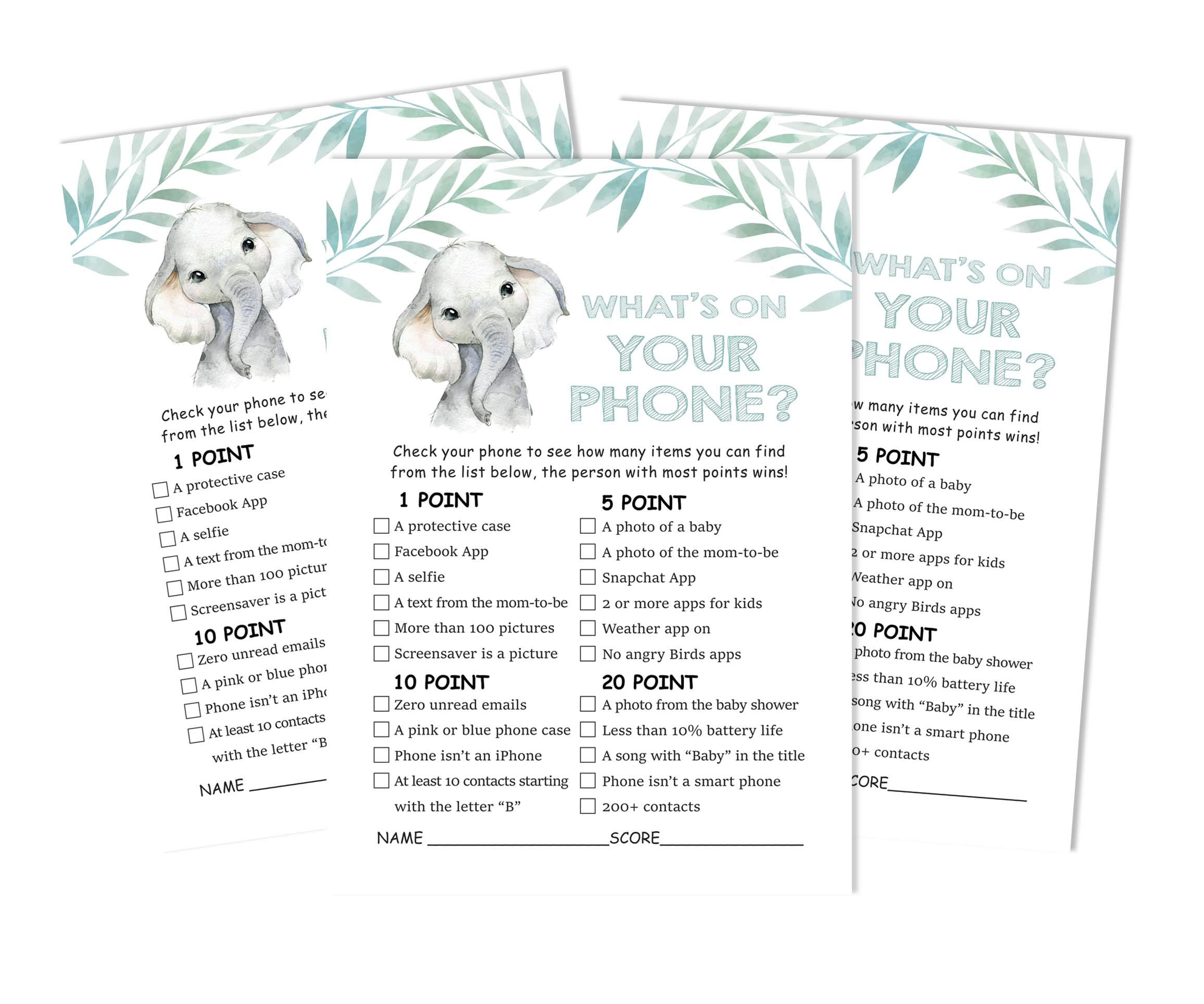 Inkdotpot 50 Sheets What's In Your Phone Baby Shower Game Cards Baby Elephant Gender Neutral Activity Cards Party Idea Baby Shower Party Supply