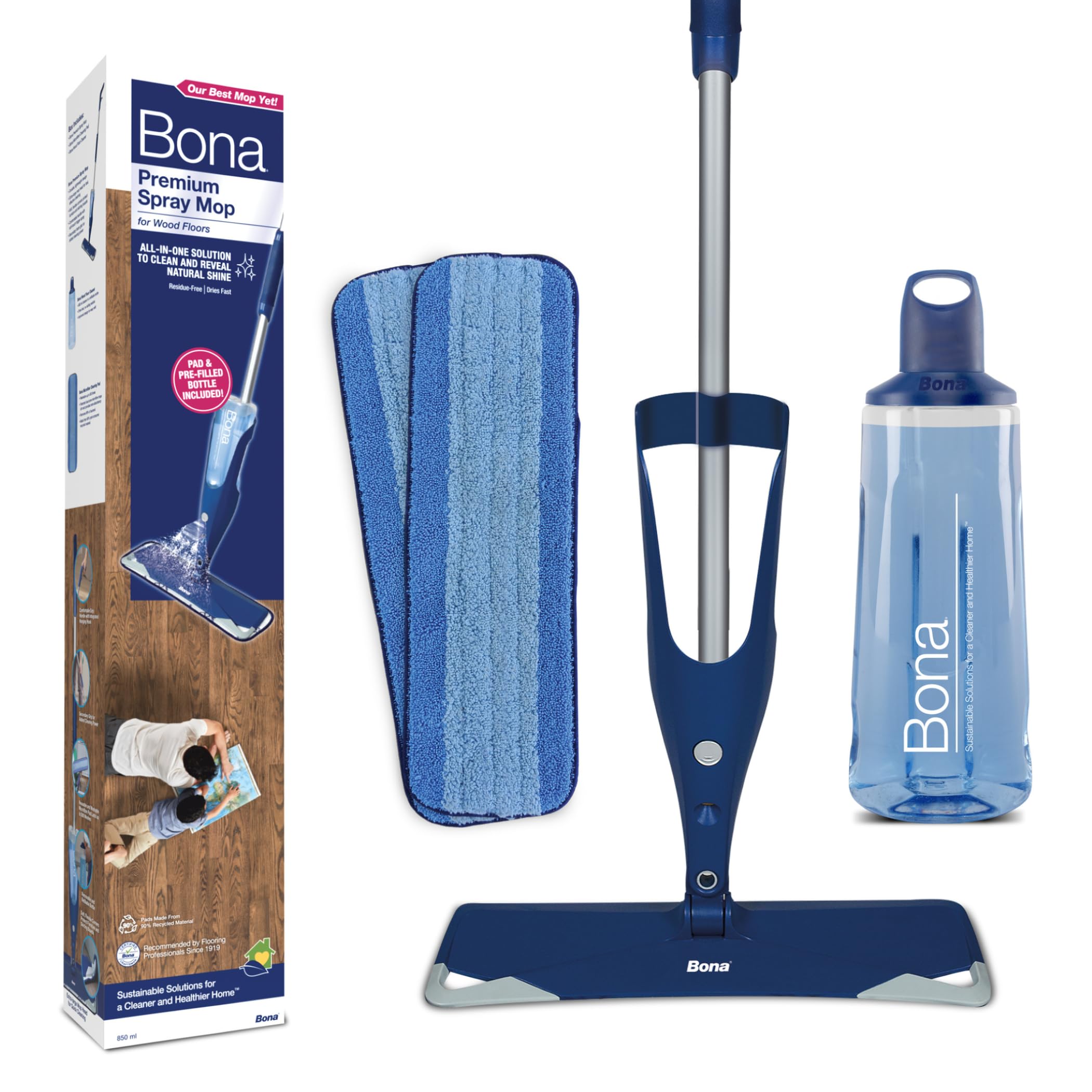 Bona Premium Spray Mops for Floors, Wood, Incl. 1x Bona Wood Floor Cleaner Liquid Cartridge 850ml & 2x Microfibre Pads, Blue