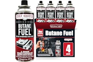 Chef Master 4x 8oz Butane Fuel Canister - Butane Refill for Kitchen Torch & Camp Stove - Gas Canister for Picnics, Outdoor Cooking, Grilling - Camping Stove, Torch Fuel Camping Essentials - 90340