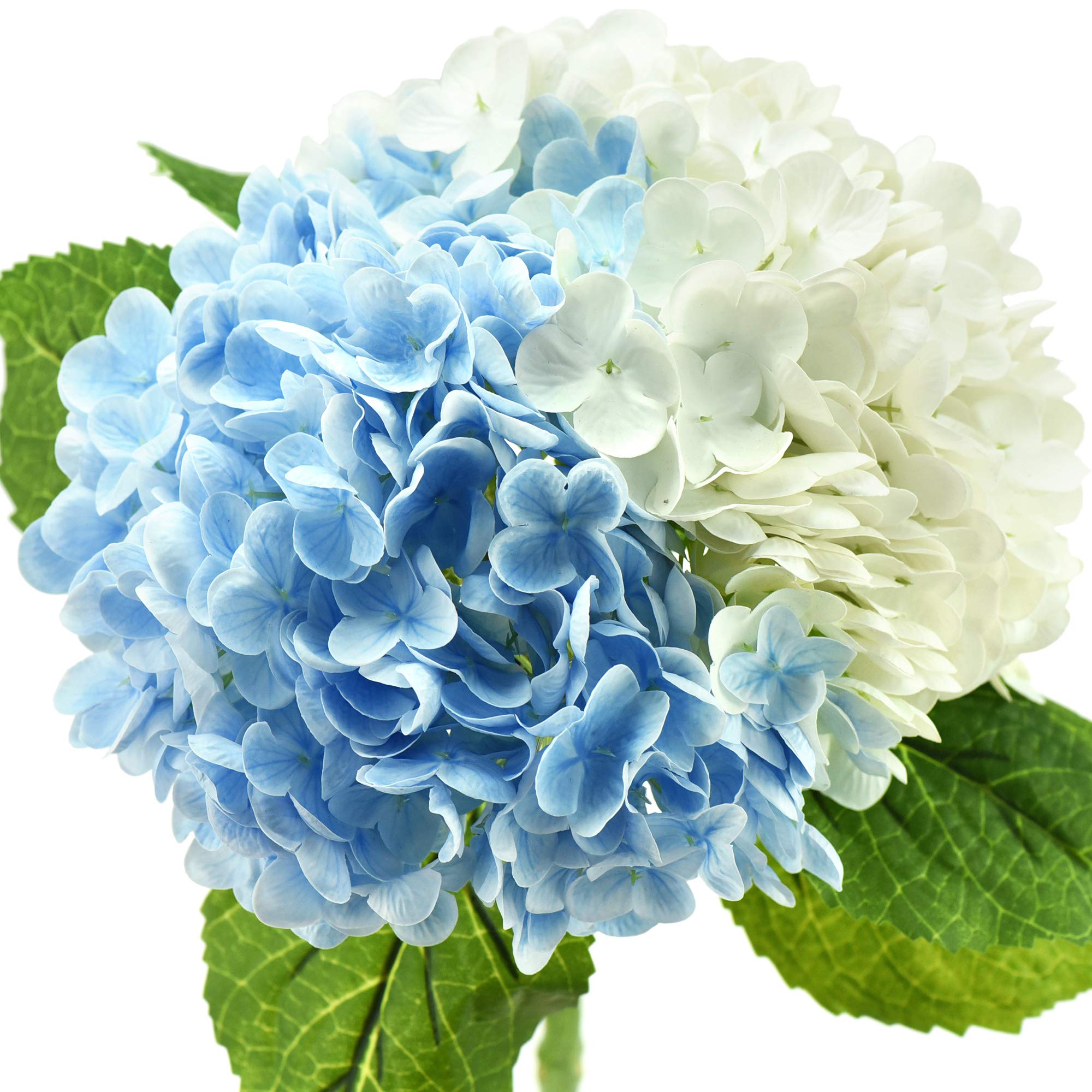 FiveSeasonStuff Real Touch Petals and Leaves Artificial Hydrangea Flowers Long Stem Floral Arrangement | for Wedding Bridal Party Home Décor DIY Floral Decoration | 2 Stems (White | Blue)