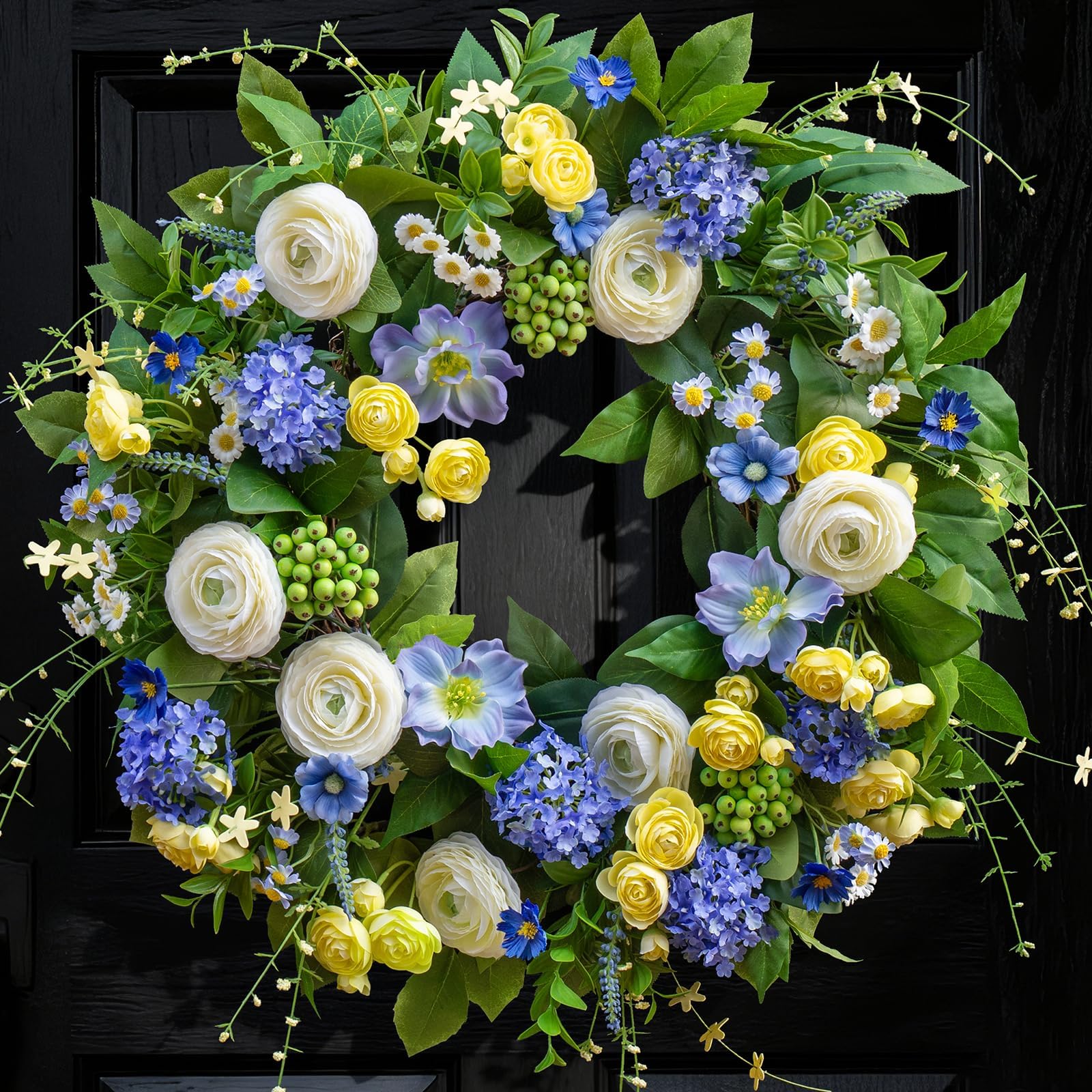 Photo 1 of 24 Inch Spring Wreath for Front Door, Artificial Hydrangea, Anemone & Wild Daisy Flowers with Berry Accents, Spring and Summer Door Wreath for Indoor Outdoor Decor