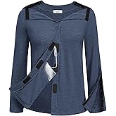 Deyeek Mastectomy Shirts with Drain Pockets Tear Away Side Snap Post Shoulder Surgery Shirts Women Chemo Port Dialysis Shirt