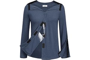 Deyeek Mastectomy Shirts with Drain Pockets Tear Away Side Snap Post Shoulder Surgery Shirts Women Chemo Port Dialysis Shirt