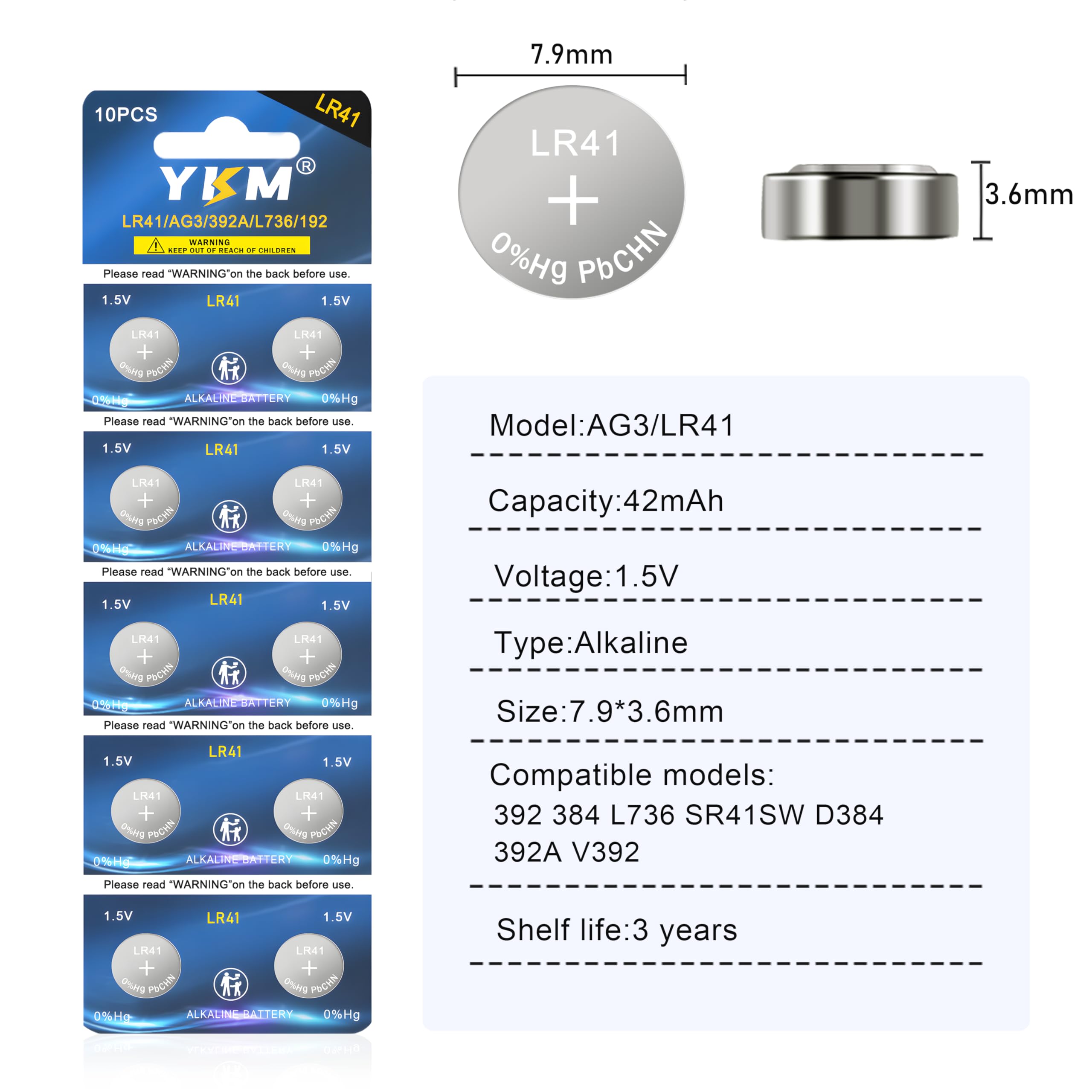 YKM LR41 Button Batteries AG3 L736f L736c L736 392 192 1.5V Alkaline Batteries for Thermometer Watch Battery 10 Pack