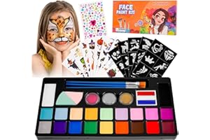 AOLIKOKO 20 Colors Face Paint Kit for Kids , Water Based Non Toxic Face Painting Kit, Face Paint Makeup Palette With Stencils, Brush, gems- Ideal for Parties, Birthdays, Halloween Face Body Makeup Kit (Set 1)