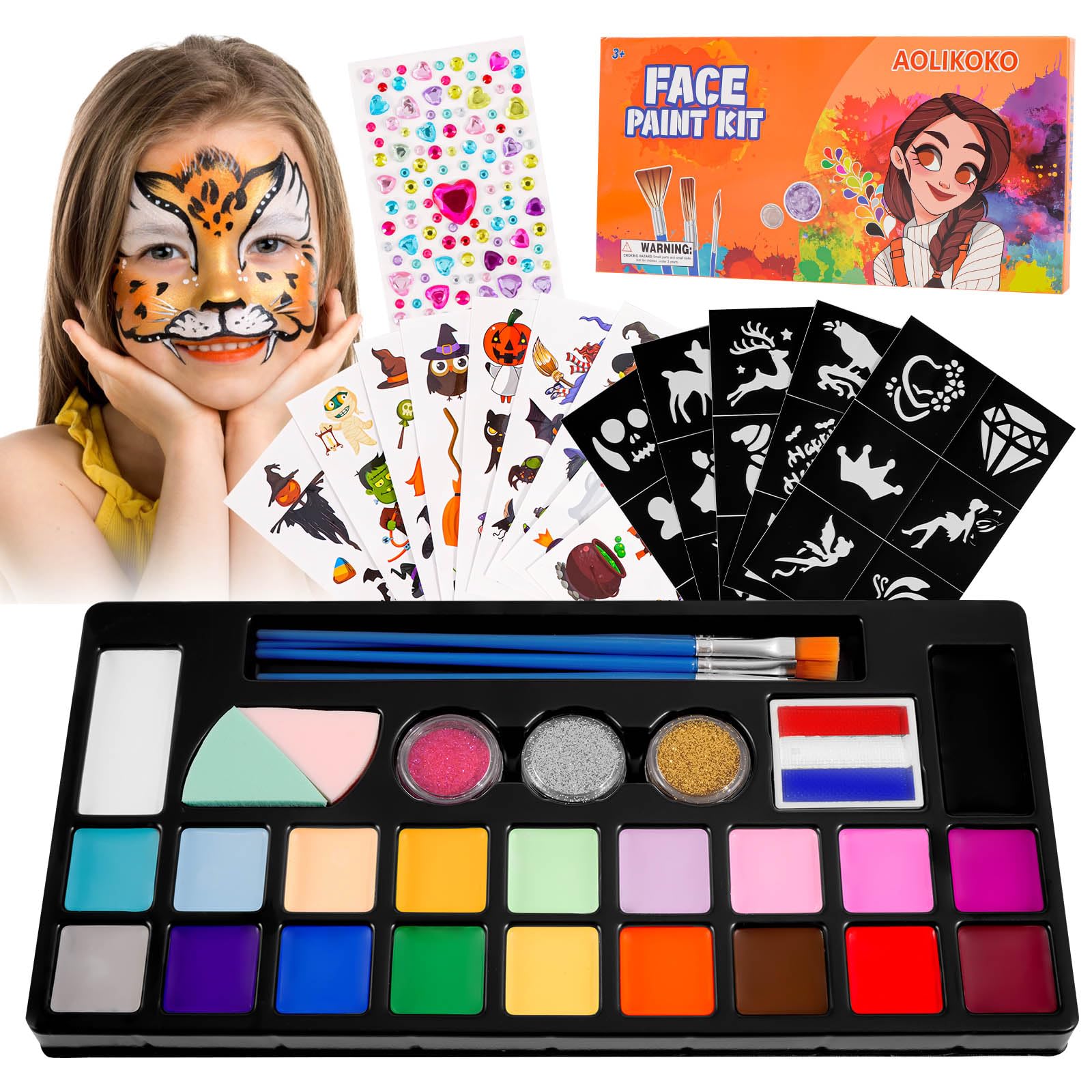Photo 1 of 20 Colors Face Paint Kit , Water Based Non Toxic Face Painting Kit, Face Paint Makeup Palette With Stencils, Brush, gems- Ideal for Parties, Birthdays, Halloween Face Body Makeup Kit (Set 1)