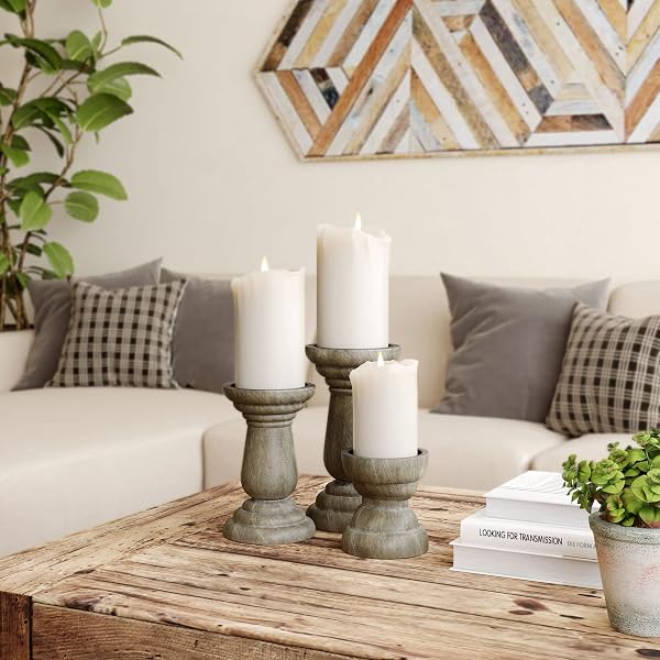 BARNYARD DESIGNS PILLAR CANDLE HOLDERS, TALL WOODEN RUSTIC FARMHOUSE CANDLESTICK HOLDERS FOR TABLE CENTERPIECE, SET OF 3, (4″, 6″, 8″), GREY