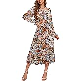 CYiNu Women's Midi Dresses Long Sleeve Crew Neck Flowy Casual Floral Boho Tiered Chiffon Smocked Elegant Dress