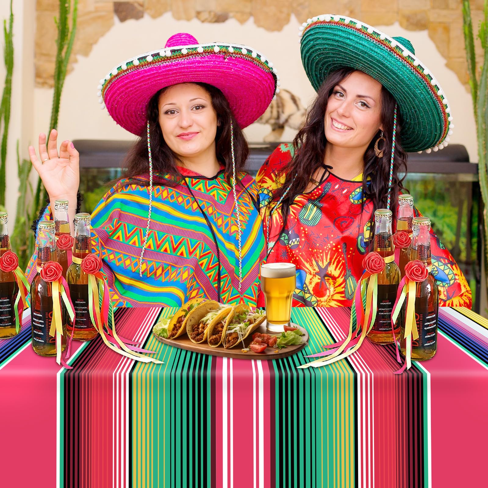 Hxezoc 3 Pack Disposable Plastic Mexican Serape Tablecloths, 54 x 108 Inch Mexican Striped Party Table Cover for Mexican Wedding Birthday Party Decorations Outdoor Indoor Party Supplies
