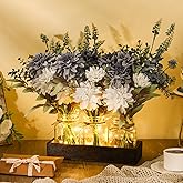 Baderke 3 Pcs Mason Jar Centerpiece Table Decorations, Fake Flowers Artificial Blue Flowers, Rustic Spring Centerpieces Decor with Wood Tray and Light, Table Decorations for Home Kitchen Living Room