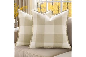 decorUhome Christmas Buffalo Plaid Check Throw Pillow Covers 18x18 Set of 2, Outdoor Linen Decorative Farmhouse Gingham Pillow Covers with Stitched Edge for Bed Couch Sofa, Cream White and Beige