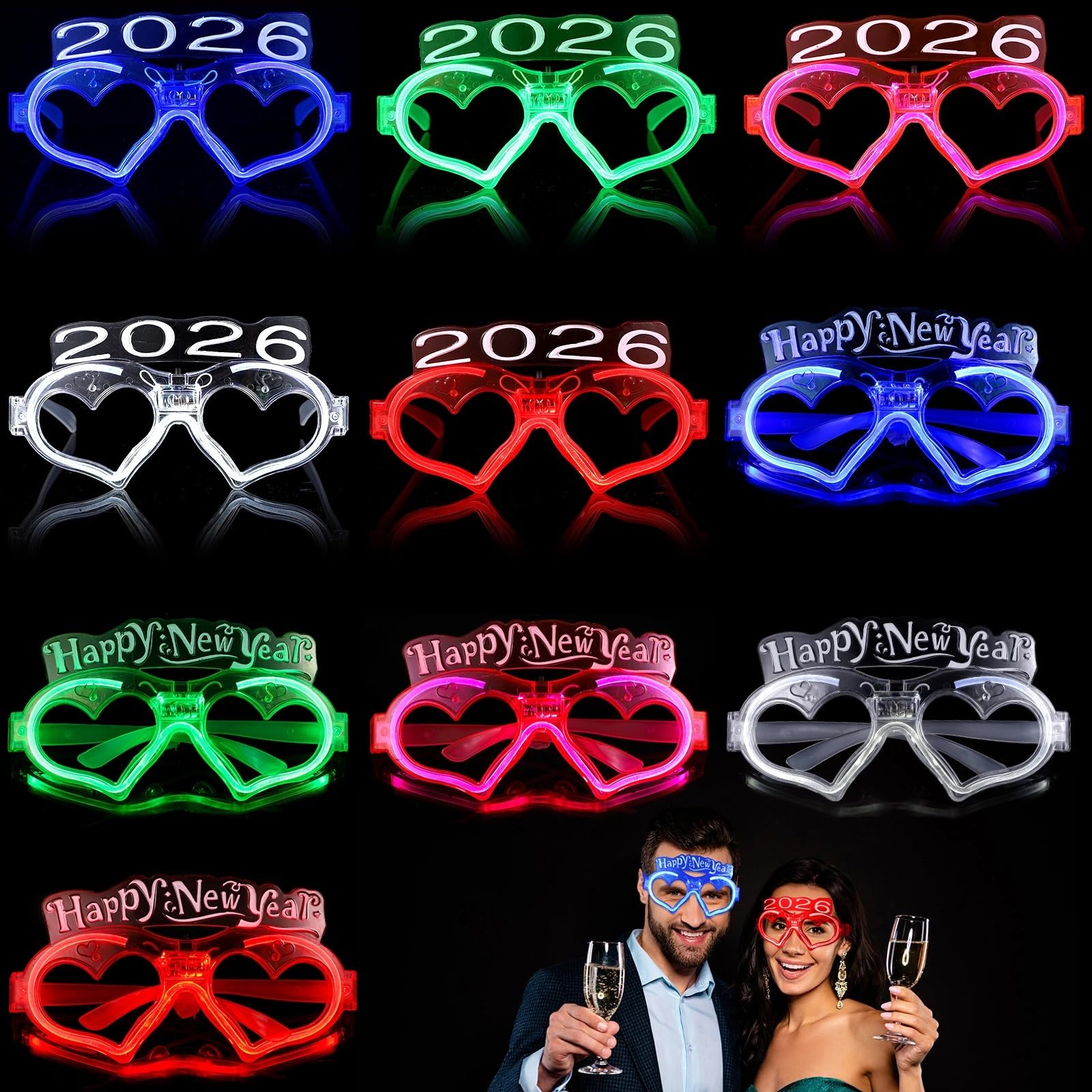 GEKMOR 10 Pack LED Lights Glasses, 2026 Happy New Year Glow Glasses, Glow in The Dark Party Light-up Glasses