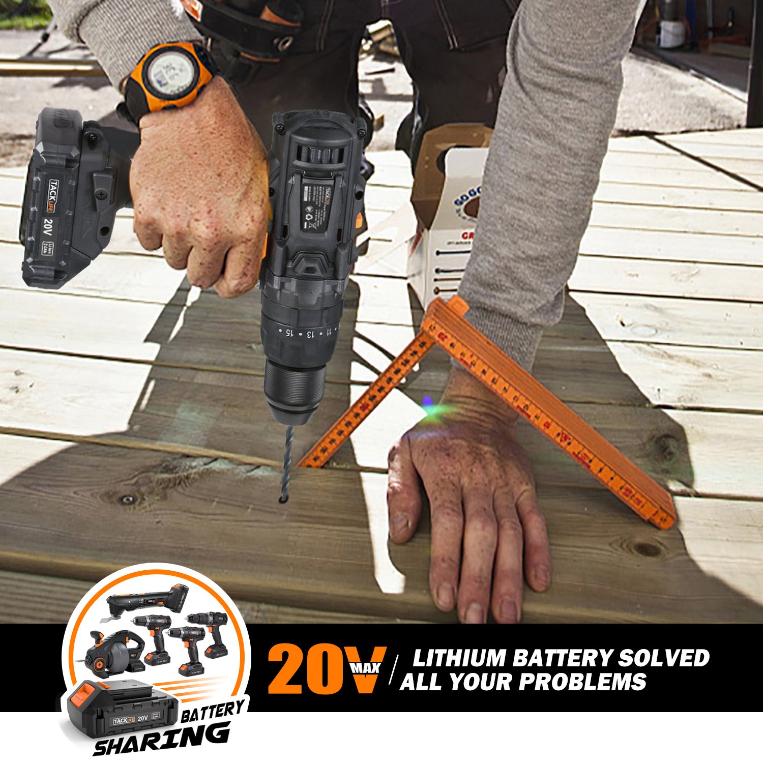 Tacklife PCD04B 20V MAX 1/2" Cordless Drill Driver Set with Hammer