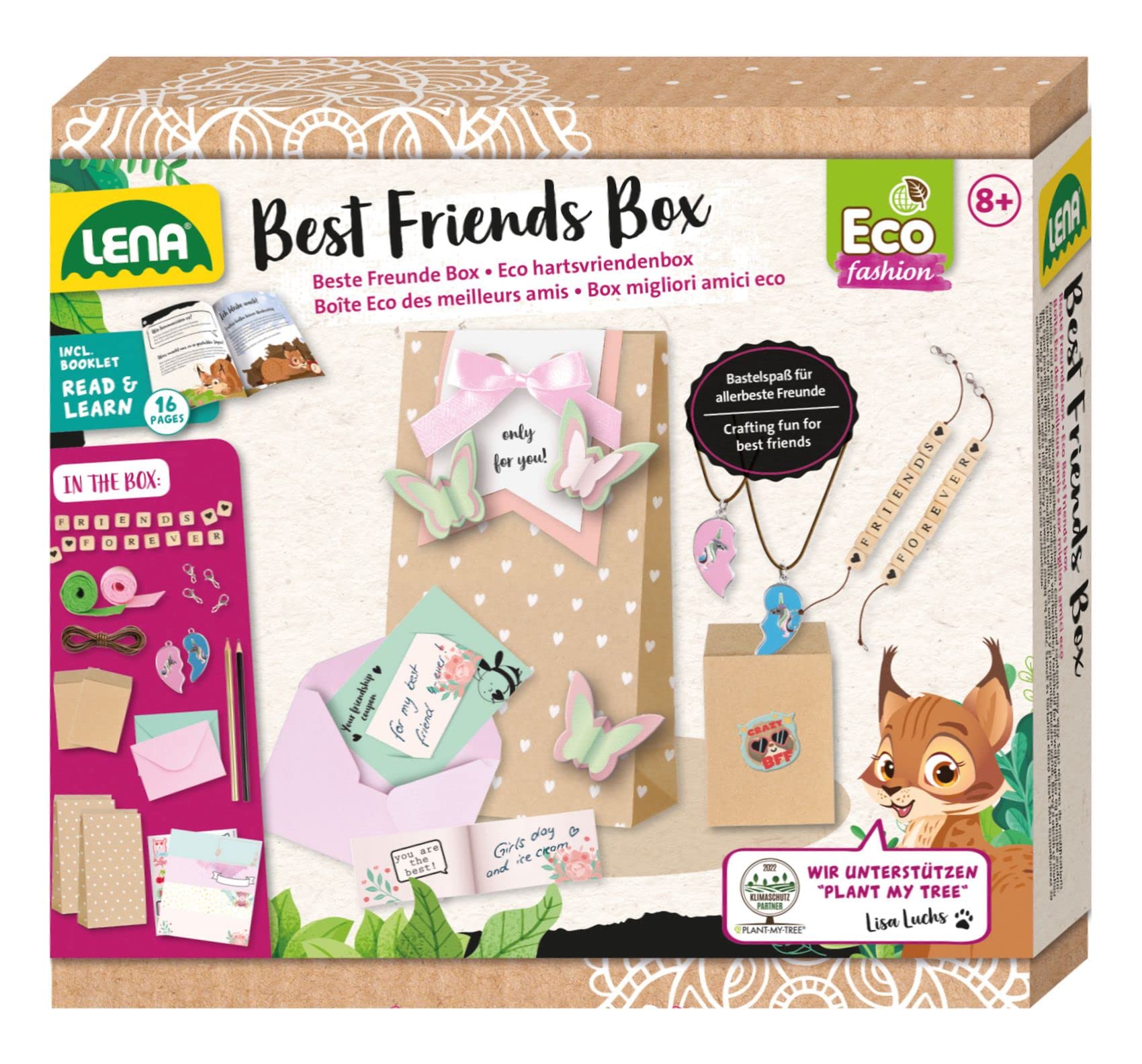 Lena 42833 Eco Craft Set Best Friends Box with 2 Friendship Bracelets with Beads and Necklaces with Heart Pendant, Gift Bags, Gift Cards and Companion Booklet Plant My Tree, for Children from 8 Years