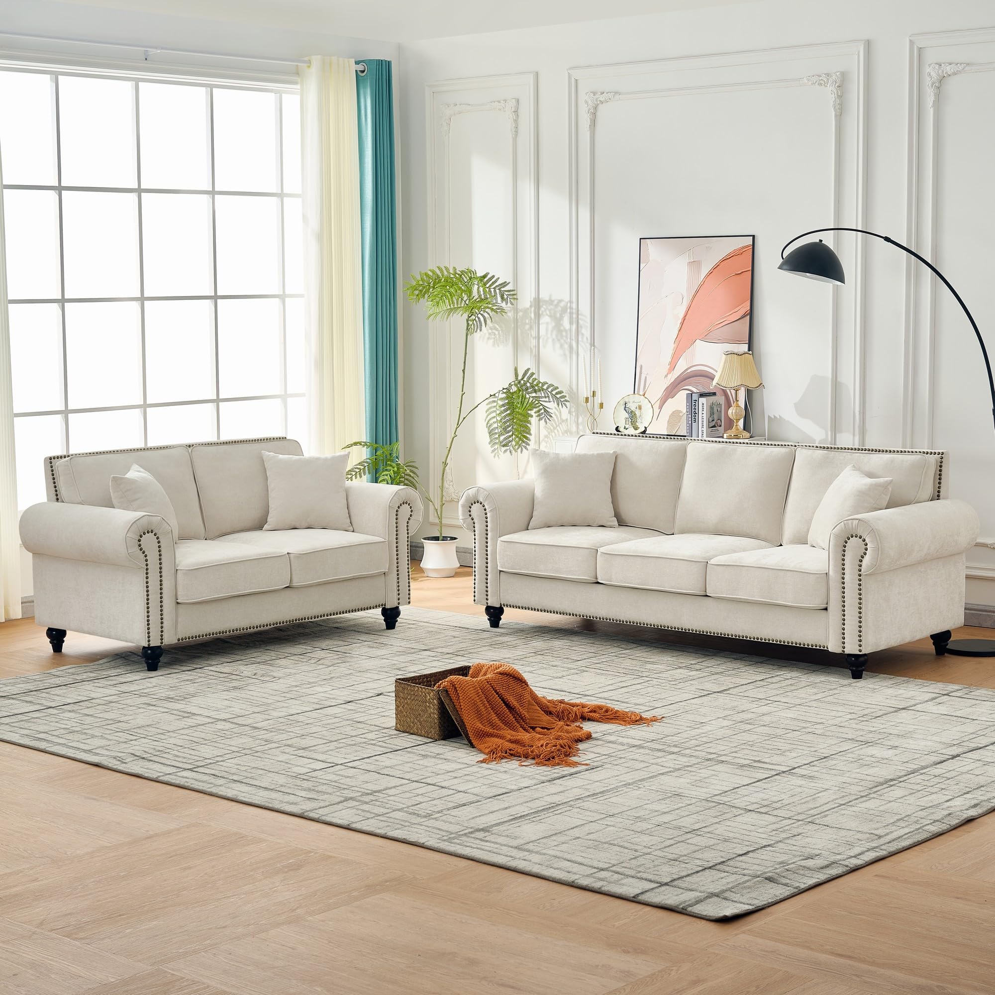 Photo 1 of **missing parts  KEIKI 2-Piece Sofa Set with 1 Oversized Chenille 3-Seater Sofa & 1 Loveseat Sofa, Upholstered 5-Seater Couch Set with Nailhead Trim, High-Density Foam Cushions, Rolled Arms, for Living Room, Beige